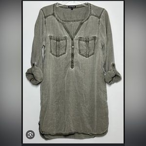 Express XS Shirt Dress Roll Tab Long Sleeves Faded Green Olive Distressed